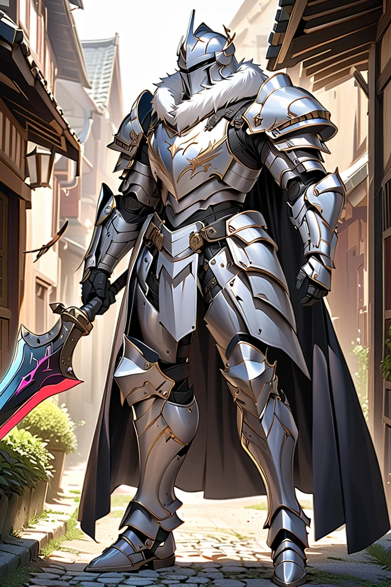 man,  Fairy Slayer , Holy Knight,Wears heavy armor(Ivory white),Handheld shield iron hammer ,,Fur collar , black cloak background on village and country road, Full Body View , man,  Very detailed,  high detail