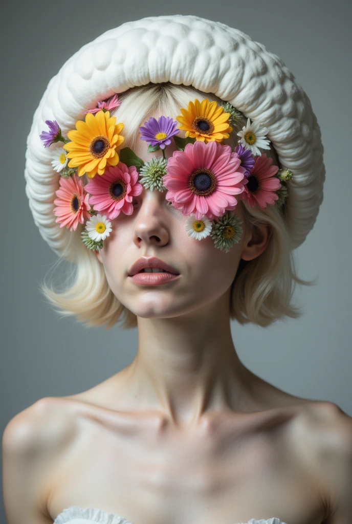 Surreal theme, Master Photography,  High-end gray background ,  A close-up of the upper body of a beautiful woman with a white mushroom head and short hair ,   Beautiful neck and collarbone  , She has no face ,  Her face is replaced by flowers of various colors ,  The focus of the picture is a strange combination of these flowers and characters, Beautiful and terrifying,