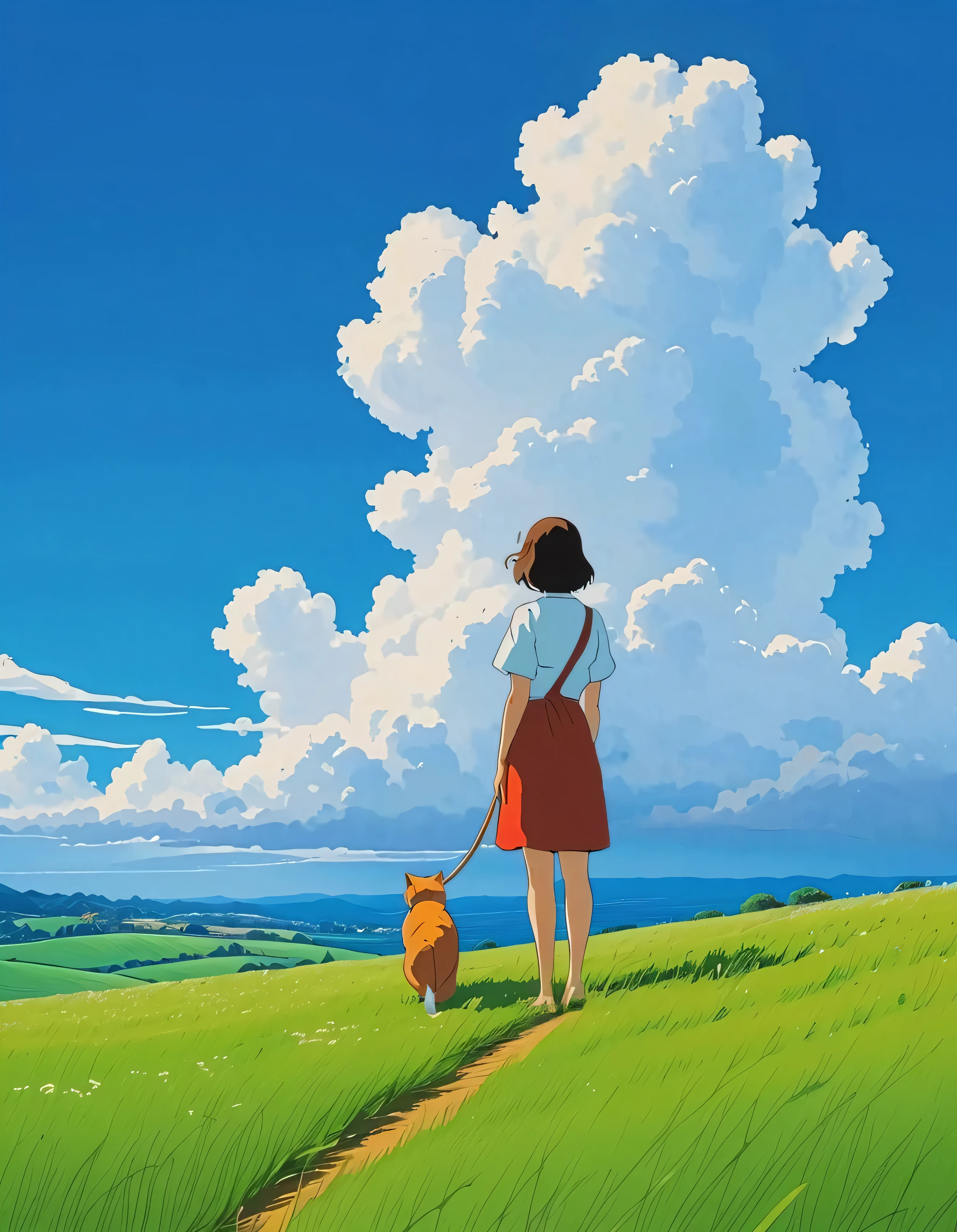 (minimalism:1.4), woman and a cat, Studio Ghibli art, Miyazaki, pasture with blue sky and white clouds