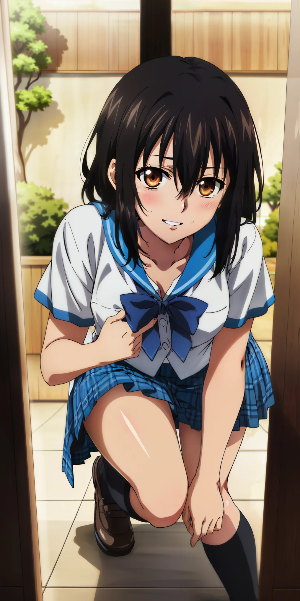 masterpiece, best quality, 1girl, solo, himeragi yukina , strike the blood, brown eyes, black hair, blue bow, hair between eyes, medium hair, medium breasts, school uniform, black legwear, panties under skirt, sleepy eyes, cheeky smile, dutch angle, standing on viewer, knee up, foot focus, foreshortening, toe, low-angle view, from side, looking down, facing at viewer, pov, view finder, hands on hip,