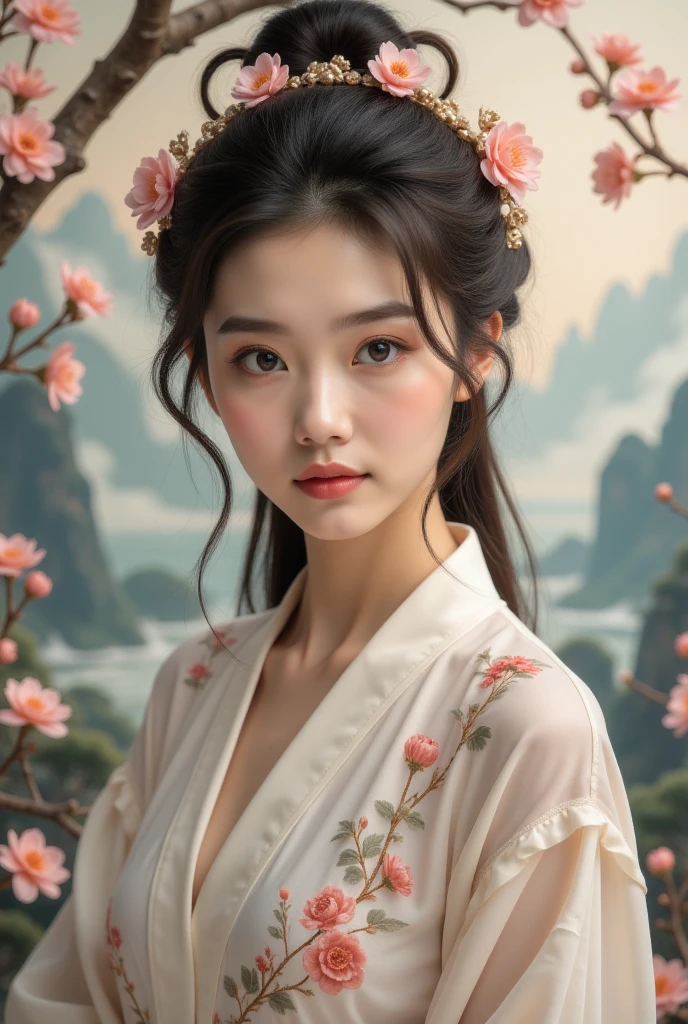 balloon，Palm， Official Art ， 8k wallpaper，  extremely detailed ， Pretty and beautiful， masterpiece，  is the best quality， （ realistic ：1.4）， （  dynamic angle  ：1.4）， grace，  bright colors ， ， Zhong Fenghua，  1 girl at home， Lips slightly open ， （Flowers twinkle：1.5）， （ alone ：1.5）， （ Look at the lens ：1.3）， Umbellate， （See-through Hanfu：1.3）， （Small Flower：1.5）， （plaster：1.3）， （flowering：1.3）， Radiant Skin， （ floating colorful flash ：1） the most beautiful form of chaos ， （ light background ：1.5）， （ traditional Chinese landscape painting background：1.3），  Full Body Love，Normal fingers，Only two hands，