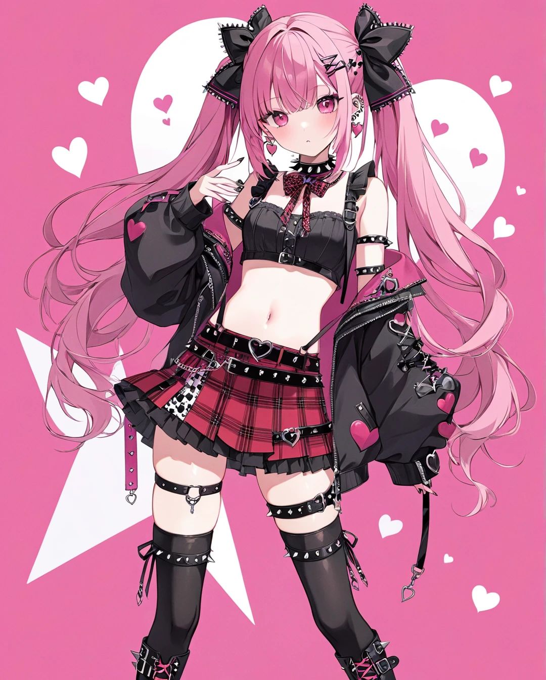 1girl,AIU,twintails,thighhighs,pink eyes,pink hair,earrings,plaid skirt,jewelry,spikes,looking at viewer,collar,long hair,detached sleeves, blush,red skirt,boots,suspenders,plaid bow,black nails,navel,bangs,black footwear,spiked collar,bow,ribbon,hair ornament,nail polish,hair ribbon,thigh boots,heart,hair bow,midriff,black thighhighs,belt,crop top,ear piercing,choker,frills,cowboy shot,closed mouth, asymmetrical legwear,thigh strap,plaid ribbon,pleated skirt,suspender skirt,miniskirt,piercing,lace trim,halftone,bare shoulders,spiked armlet,heart earrings,hairclip,standing,long sleeves,dot mouth,arm belt,sidelocks,newest,highres,absurdres,highly detailed,best quality,