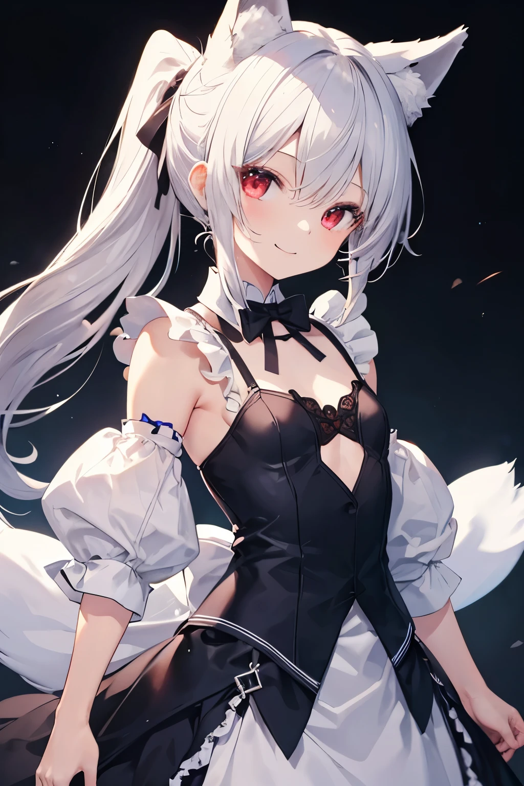 (highest quality:1.2, Very detailed, up to date, Vibrant, Ultra-high resolution, High Contrast, masterpiece:1.2, highest quality, Best aesthetics), Portraiture、girl、singer, solo, ((25-years-old:1)), Bright colors, Beautiful fine details、Beautiful lip detail、medium wave hair、red and white ((streaked hair:1.6)), highlights hair: 1.5, red eyes, slim body, medium breast, (tan skin:1.1), (Floral Fineline tattoo design on left arm:1), sexy Maid costume, cat ears, (cat whiskers:1.4), cat makeup, in Maid Cafe, ((leaning forward:1)), cowboy shot,