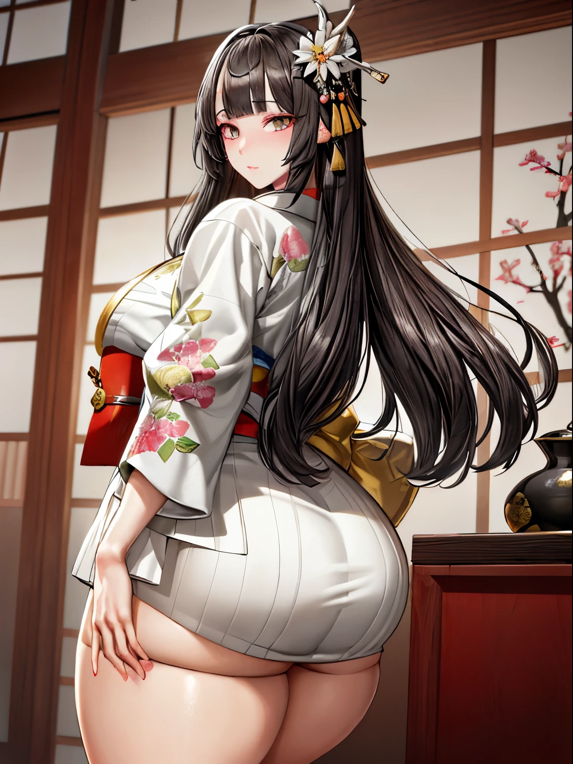 (Beautiful model in Japanese kimono commercial, beautiful straight long black hair), solo, ((face is 80% beauty and elegance, 20% pretty and cute:1.5)), clear eyes, (detailed eyes, light green eyes, bright pupils), Double Eyelids, (sexy lips with a little thickness:1.2), ((super detailed and incredibly high resolution Deep-white Kimono:1.2)), Highly Detailed Face Texture, striking body shape, curvy and very attractive woman, high-resolution RAW color photo pro photo, BREAK ultra high-resolution textures, High-res body rendering, big eyes, unparalleled masterpiece, incredible high resolution, super detailed, stunning ceramic skin, BREAK ((Facing back to show the pattern of the Kimono:1.5)), ((Wearing a white kimono with plenty of glittering gold embroidery of a rising-chinnese-dragon:1.5)), ((The white kimono has a very dazzling embroidery of a rising-chinnese-dragon:1.2)), (Finely crafted and sensual Japanese kimono), ((The embroidery pattern is a Chinese-dragon rising to the sky):1.2), ((elaborately and elegantly decorated White Kimono)), (Taken in front of a round fusuma window in a Japanese-style room)), BREAK ((Best Quality, 8k)), Crisp Focus:1.2, (Layer Cut, Big:1.2), (Beautiful Woman with Perfect Figure:1.4), (Beautiful and elegant rear view:1.3), Slender waist, (Correct hand shape:1.5), (Full body shot | cowboy shot)