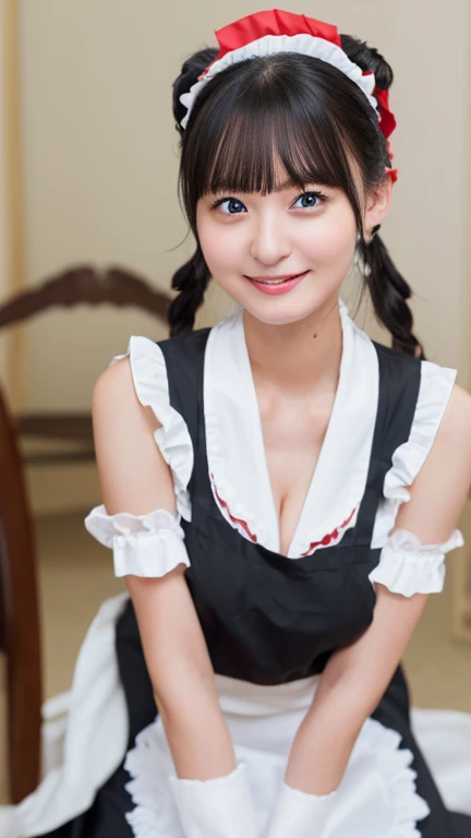Cute face like a 15-year-old idol　Smiling Kindly　Gothic Lolita in Japan　Cosplay　Frills　Cleavage　Her hairstyle is twin tails.　Hotel Living Room　stand　morning　whole body　RAW Photos　High resolution　Genuine　Live Action　Accurate depiction　Realistic