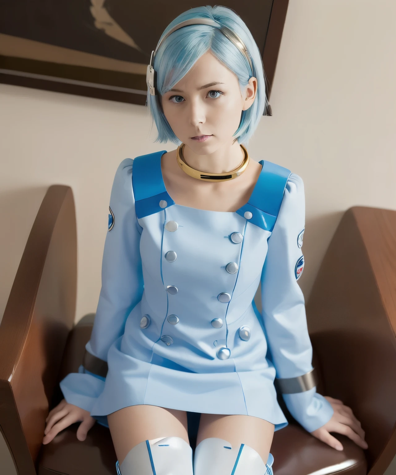 ( Very High Resolution ),eureka,  Knight , moonlight, Lonely Girl,  purple eyes,   short light blue hair ,  choker,  hair clip that invites you with your hand, White and blue dress,  long sleeve ,  white and blue knee-length knee-high boots,  shiny boots ,  full length view, Raise your foot and show the sole ,  sit on chairs, From directly below, Somewhat in a bad mood , Arrogant attitude, ( close-up image of the sole )
