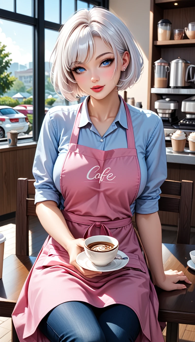 best image quality、RAW photo、ultra high resolution、shot from the side、beautiful hip line、16 years old Korean、cooking apron、black apron、big round breasts、short bob、glossy white skin、beautiful eyes with random colors、very thin lips、Beautiful eyes in every detail、elongated eyes、light pink blush、long eyelashes、beautiful double eyelids、eye shadow、bright white hair、black wall、kitchen、Cafe kitchen、cafe counter table