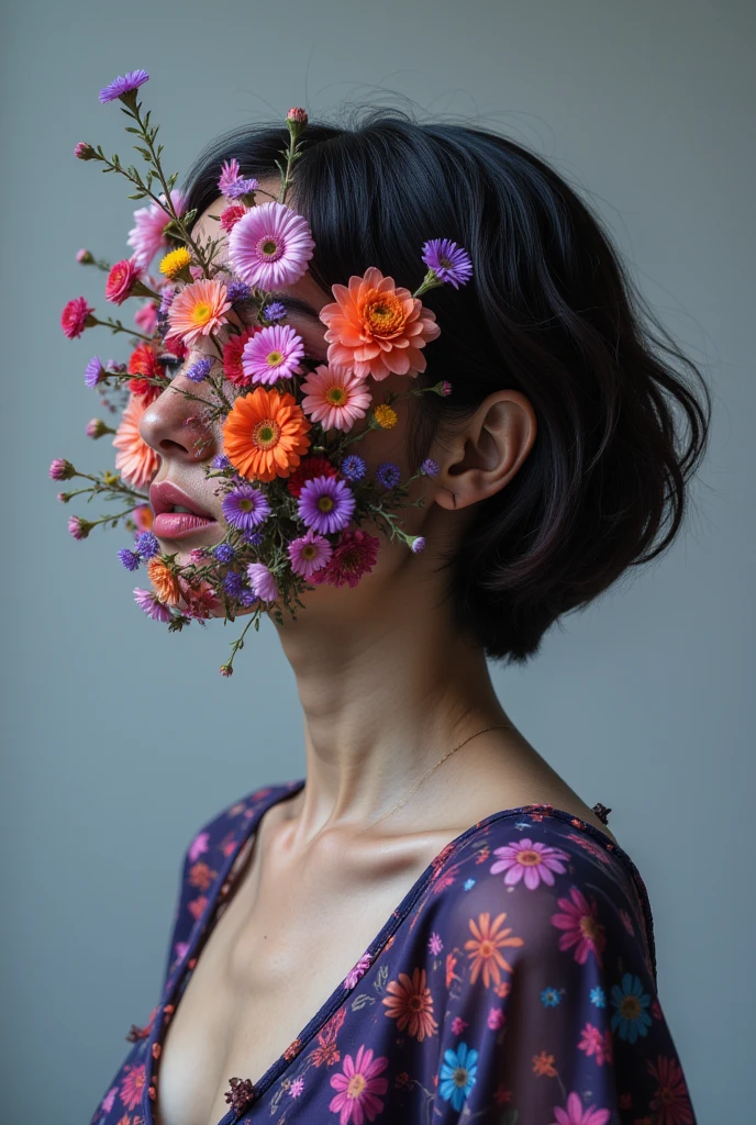 Surreal theme, Master Photography,  High-end gray background ,  A close-up of the upper body of a beautiful woman with a white mushroom head and short hair ,   Beautiful neck and collarbone  , She has no face ,  Her face is replaced by flowers of various colors ,  The focus of the picture is a strange combination of these flowers and characters, Beautiful and terrifying,Neon