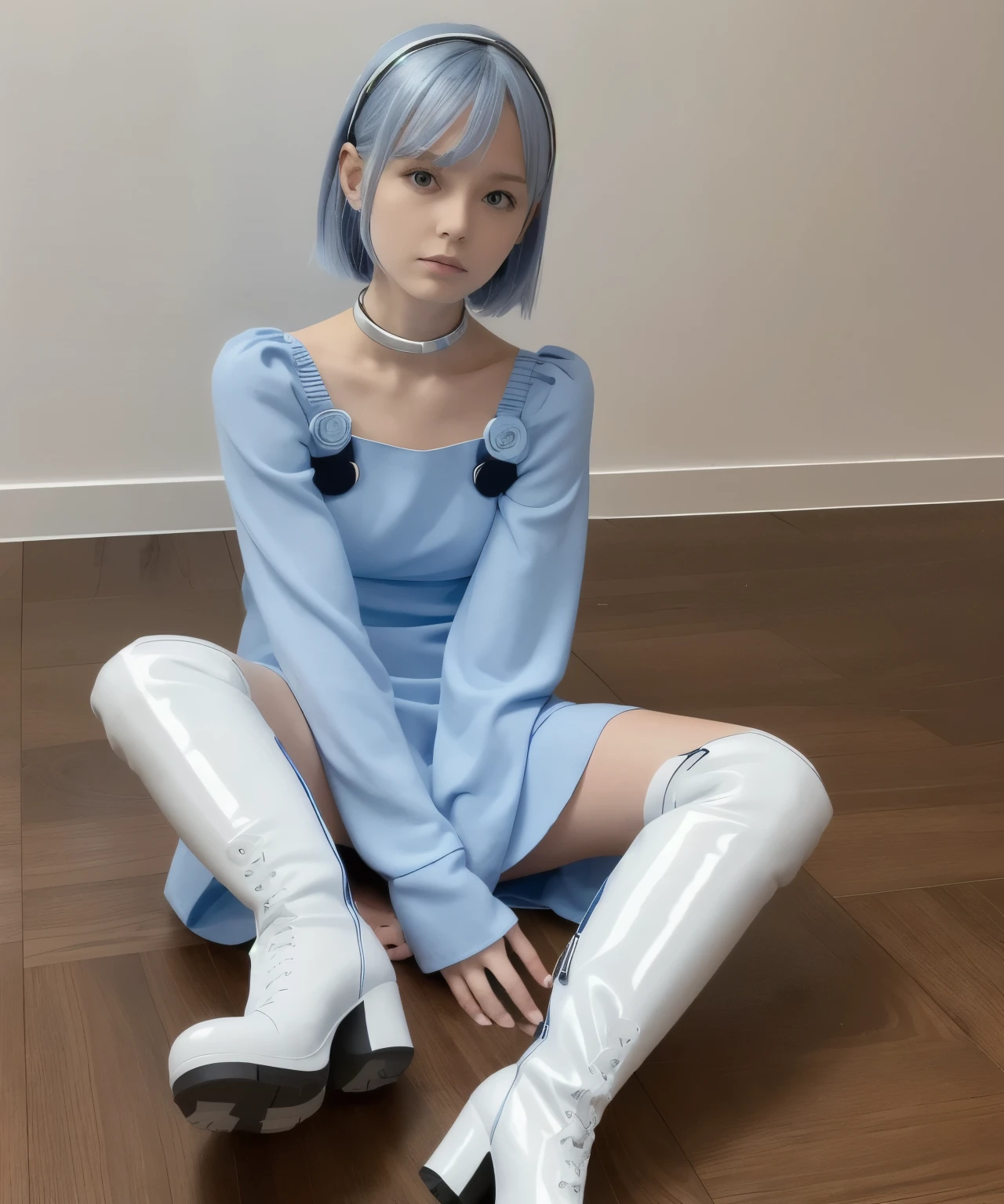 ( Very High Resolution ),eureka, Knight , moonlight, Lonely Girl,  purple eyes,  short light blue hair ,  choker,  hair clip that invites you with your hand, White and blue dress,  long sleeve ,  white and blue knee-length knee-high boots,  shiny boots ,  full length view, Raise your foot and show the sole ,  sit on chairs, From directly below, Somewhat in a bad mood , Arrogant attitude, ( close-up image of the sole )
