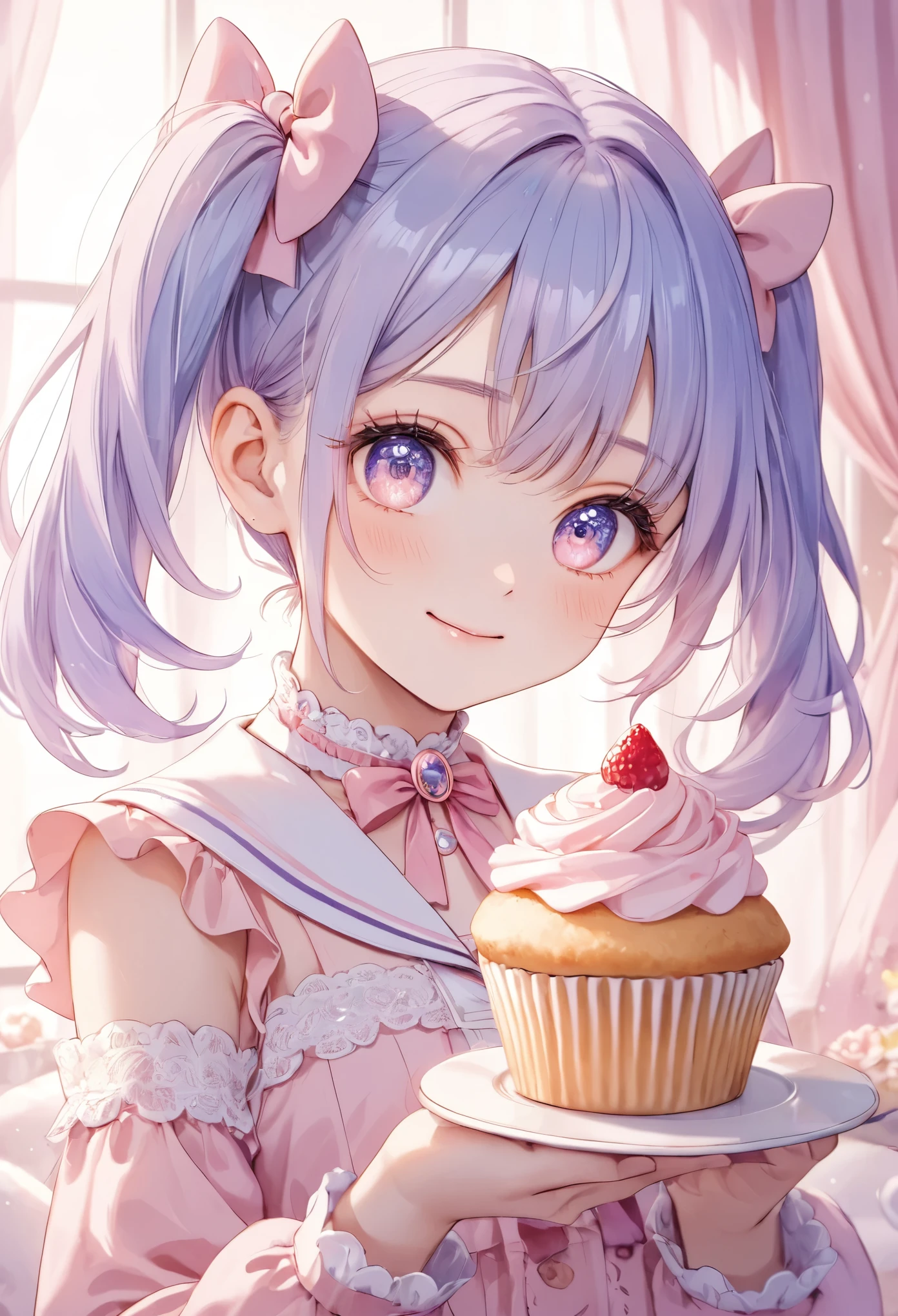 cute anime girl, crystal, pastel,
Low Fidelity (lofi) art style,
pastel pink and purple tones,
soft orange, twin-tails, mauve blue hair, school sailor, holding a cupcake, smile,one eye closed, intricate details, pastel colors, white stockings, lace and bow accents, elegant background with soft curtains, bright lighting, adorable pose, kawaii style, sweet and innocent vibe, delicate accessories, fantasy ambiance, soft glow