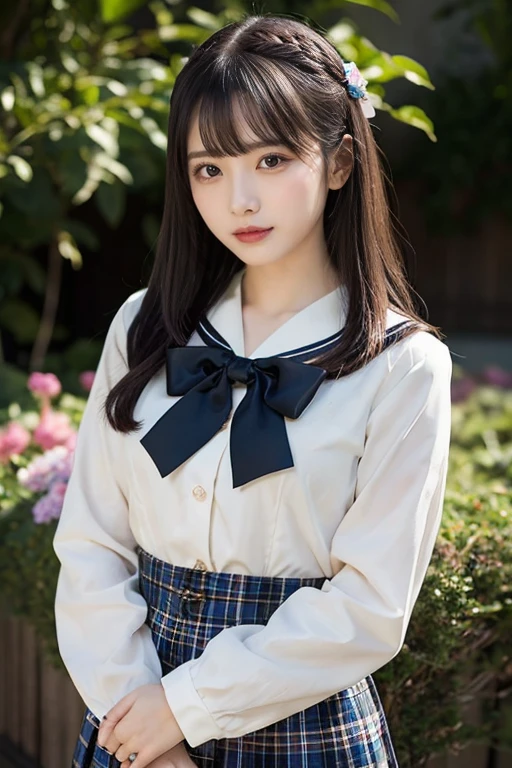  Japanese woman like an idol ,Long Hair , straight hair, Round face , bust up ,  sailor suit ,  as in the picture  ,  masterpiece, Best Quality,  1 girl, Nogizaka_ costume,  cowboy shot, Thighs,  beautiful girl, flower, 小さなflowerびらがたくさん, garden, Blue Sky,  watching viewers , small waist,  official art,  RAW Photos, 非常に high resolution on down,  face light,  Dynamic Lighting ,  Movie Lighting,  Surreal ,  high resolution on down, photo shoot,  sharp concentration, Highest detail, Extremely detailed, Super detailed, Detailed ,  Highly Detailed Eyes and Faces 