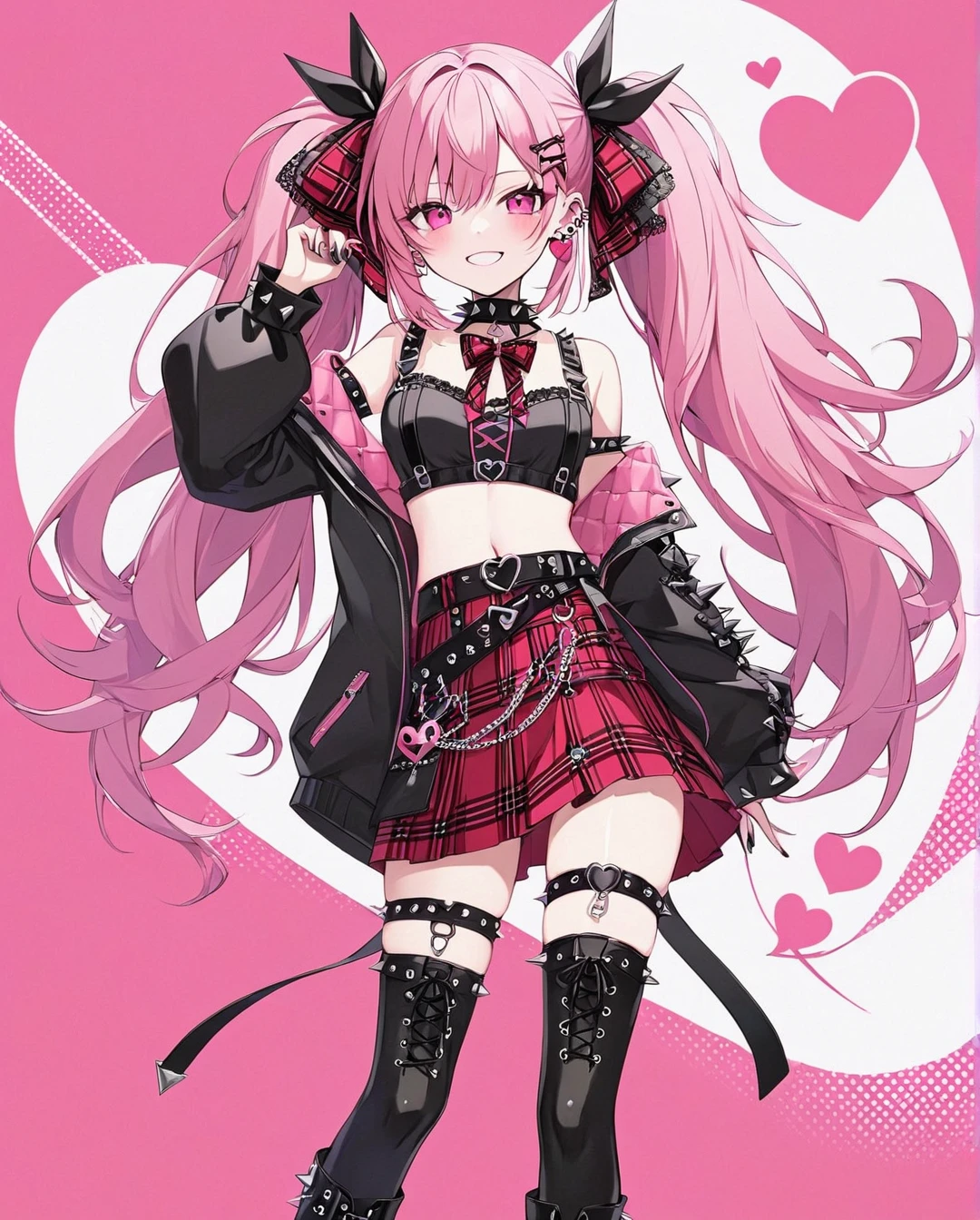 1girl,AIU,grin,twintails,thighhighs,pink eyes,pink hair,earrings,plaid skirt,jewelry,spikes,looking at viewer,collar,long hair,detached sleeves, blush,red skirt,boots,suspenders,plaid bow,black nails,navel,bangs,black footwear,spiked collar,bow,ribbon,hair ornament,nail polish,hair ribbon,thigh boots,heart,hair bow,midriff,black thighhighs,belt,crop top,ear piercing,choker,frills,cowboy shot,closed mouth, asymmetrical legwear,thigh strap,plaid ribbon,pleated skirt,suspender skirt,miniskirt,piercing,lace trim,halftone,bare shoulders,spiked armlet,heart earrings,hairclip,standing,long sleeves,dot mouth,arm belt,sidelocks,newest,highres,absurdres,highly detailed,best quality,