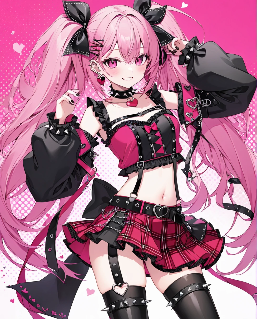 1girl,AIU,grin,twintails,thighhighs,pink eyes,pink hair,earrings,plaid skirt,jewelry,spikes,looking at viewer,collar,long hair,detached sleeves, blush,red skirt,boots,suspenders,plaid bow,black nails,navel,bangs,black footwear,spiked collar,bow,ribbon,hair ornament,nail polish,hair ribbon,thigh boots,heart,hair bow,midriff,black thighhighs,belt,crop top,ear piercing,choker,frills,cowboy shot,closed mouth, asymmetrical legwear,thigh strap,plaid ribbon,pleated skirt,suspender skirt,miniskirt,piercing,lace trim,halftone,bare shoulders,spiked armlet,heart earrings,hairclip,standing,long sleeves,dot mouth,arm belt,sidelocks,newest,highres,absurdres,highly detailed,best quality,