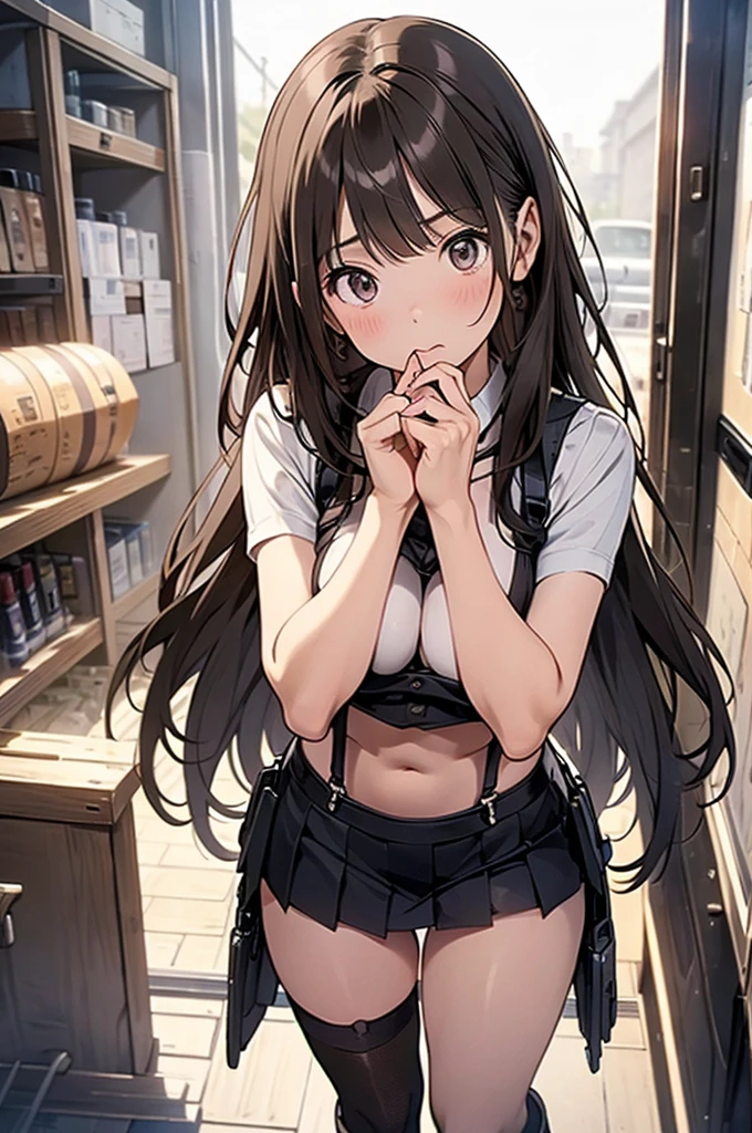 Game , goddess of victory nikke, Rapi , light brown hair,  alluring eyes ,beautiful face , crystal red eyes ,  long hair, ((white tank top:1.2)), spaghetti string, cleavage, Black undergarments,((black pensil skirt:1.2)) garter belt, thighs hose, g cup breast, slender waist, bewitching thighs, five fingers each hand, two hand ,two leg , at office, alluring poses, crossing leg, beautiful smile, cowboy shot

