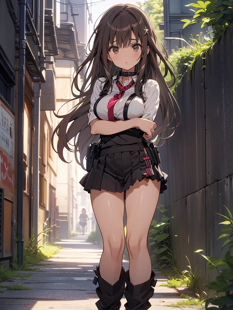 Brown hair、watching at viewers　　　black suspenders　　　Bulging big breasts　　 　 　　　walls: 　Black miniskirt　garters　　　　　　Gaze　　　Small face　bangss 　　　holster　　　Beautuful Women　　hands up　　レッグholster ベッドに横たわる　　Gaze 　black boots panty shot　provocation　flank　flank汗　soio 　arm
