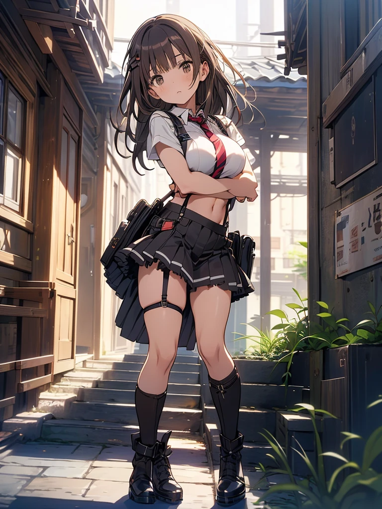 Brown hair、watching at viewers　　　black suspenders　　　Bulging big breasts　　 　 　　　walls: 　Black miniskirt　garters　　　　　　Gaze　　　Small face　bangss 　　　holster　　　Beautuful Women　　hands up　　レッグholster ベッドに横たわる　　Gaze 　black boots panty shot　provocation　flank　flank汗　soio 　arm
