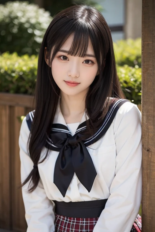  Japanese woman like an idol ,Long Hair , straight hair, Round face , bust up ,  sailor suit ,  as in the picture  , masterpiece, Best Quality,  1 girl, Nogizaka_ costume,  cowboy shot, Thighs,  beautiful girl, flower, 小さなflowerびらがたくさん, garden, Blue Sky,  watching viewers , small waist,  official art,  RAW Photos, 非常に high resolution on down,  face light,  Dynamic Lighting ,  Movie Lighting,  Surreal ,  high resolution on down, photo shoot,  sharp concentration, Highest detail, Extremely detailed, Super detailed, Detailed ,  Highly Detailed Eyes and Faces , watch viewers, close-up,smile,