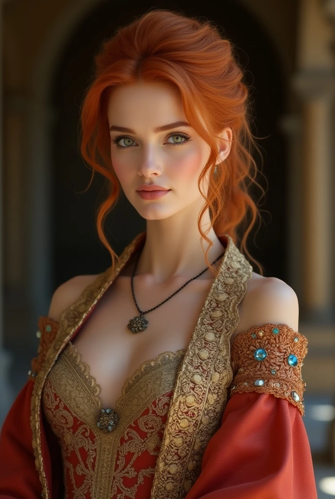 Masterpiece, 8K, wallpapers, (Detailed), ((full - body)), (20th century, 1940) Tall Woman, 28 years old, Russian, Slavic appearance, beautiful, red hair in different directions, fair skin, (A affectionate look), (In a Slavic dress), (against the background of the hut), ((high skin detail, skin details)), sharp-focus, 8K UHD, dslr, hiquality, Film grain,