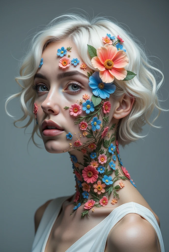 Surreal theme, Master Photography,  High-end gray background , A beautiful woman with short white mushroom hair,   Beautiful neck and collarbone  , She has no face ,  Her face is replaced by flowers of various colors ,  The focus of the picture is a strange combination of these flowers and characters, Beautiful and terrifying,Neon