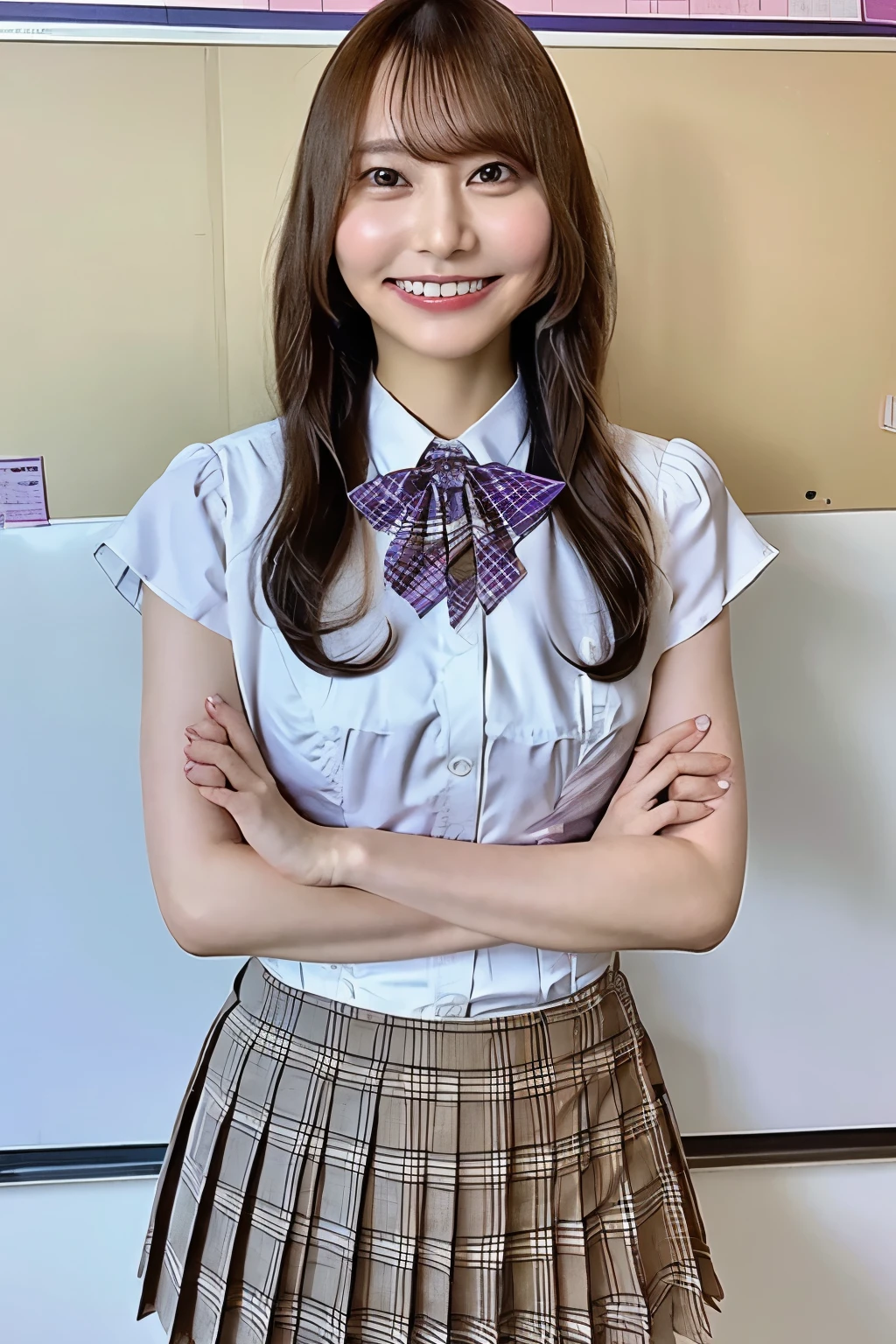brown hair、With bangs、 and smiles 、Beautiful breasts、 slim body、Crossed Arms、Purple bow tie、WhiteShirt、 plaid pleated mini skirt、 is standing in front of a whiteboard、In a school classroom