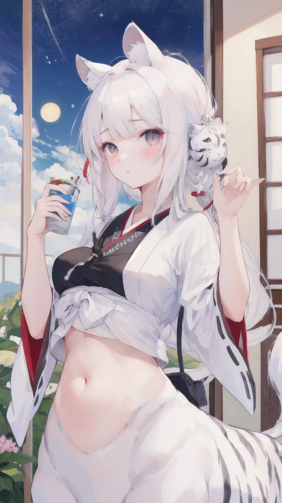 (best quality, masterpiece), 1 girl, centaur, It takes,Japanese ,smiley face,exposing the abdomen, belly button t-shirt,아름다운 소녀 perfect white tiger photo, perfect white tiger photo