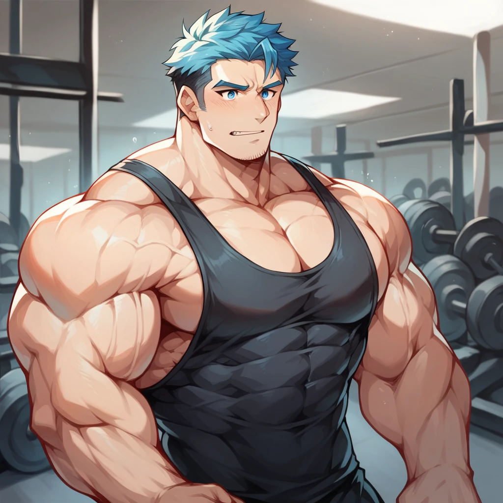 a very handsome man, muscular, massively large biceps, exaggeratedly huge biceps, Exaggeratedly huge muscles, massively large muscles, blue eyes, wearing a black tank top, in a gym, very large muscles, strong muscles, muscles