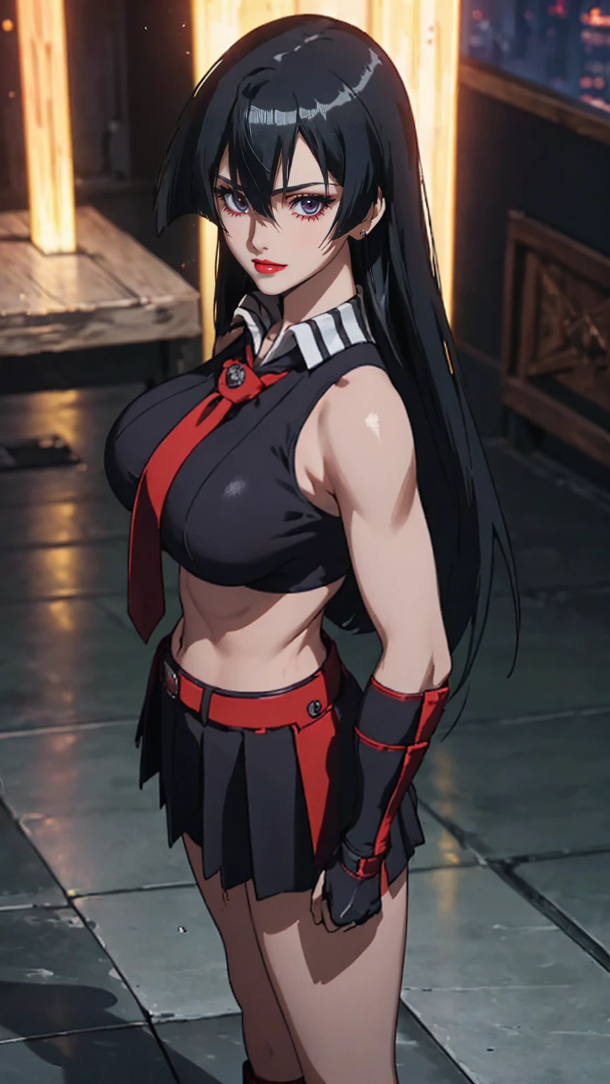 Female Samurai,(CG Mix),Full body photo,solitary,( long black hair ,Red pupils),(Giant fake breasts, Radiant Skin ,Muscle Abs:1.3), ( Antique Sleeveless Black Sailor Suit ,Red tie,Black skirt,High heel)( slim figure :1.5), ( Sweaty, Plump Body:1.5),(Weapons in Hand ,Red scabbard, Red Grip Katana ), ( View Audience:1.3),( Night Streets :1), ( surrealism:1.4), ( super detailed), (high quality), ( best shadow ), (masterpiece),  Night Street Lights ,  Super Textured , (4X Multi-Anti-Aliasing), ((  Unreal Engine 5 rendering )),   Physically Based Rendering  ,  Ultra HD, 16K, 1080P.