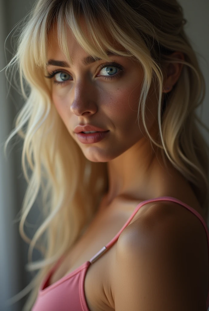 ultra detailed photo of a 20 years old beautiful woman,long wavy blonde hair , thin pointy nose, ultra detailed face, beautiful big dark and light green eyes ,big eyelashes, no makeup, suntan, slender, nude, busty, on all fours, warm natural color, sad face, full body shot