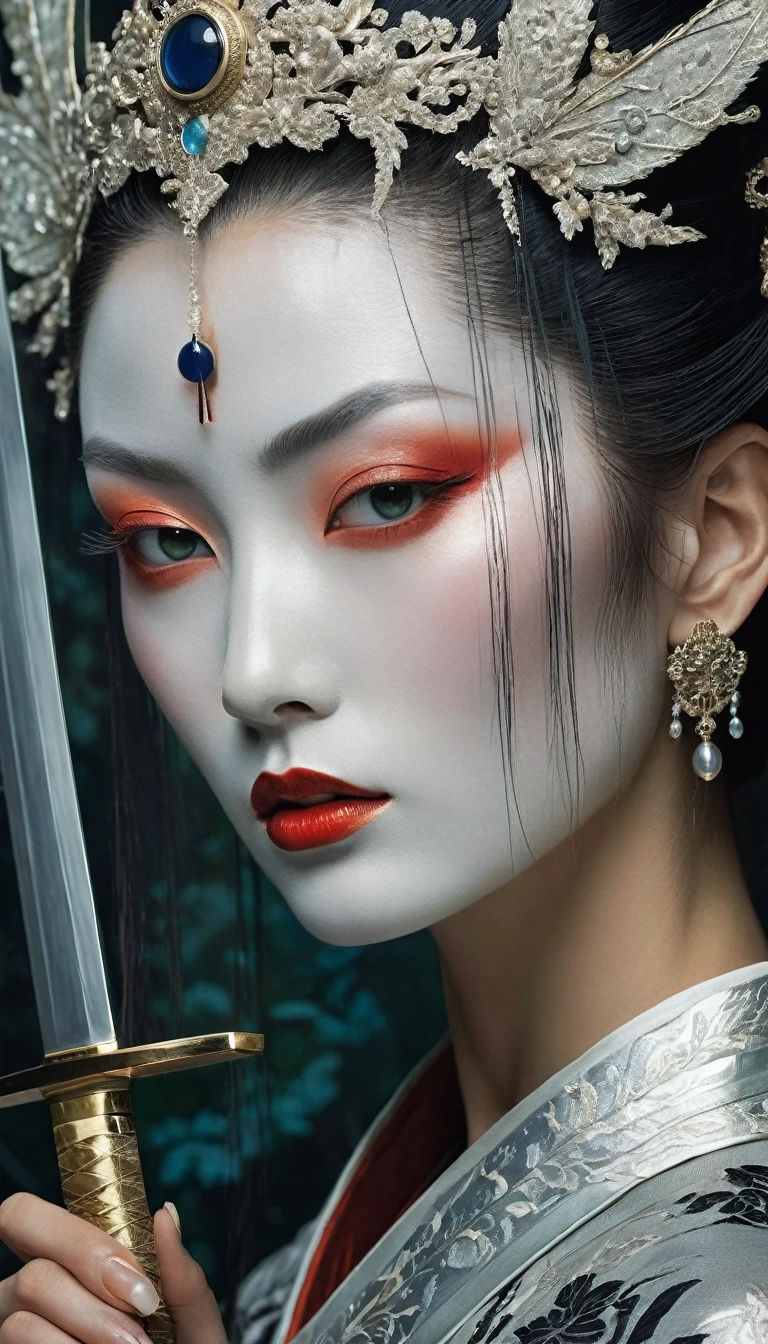 Une photographie d'une androïde japonaise d'une vingtaine d'années, faite de verre et de plastique translucides blanc et argenté brillants., maquillage et coiffure geisha, mécanismes internes du corps en métal argenté, pose dynamique, construction organique fluide, circuits dorés brillants, colorful garniture au néon, circuits lumineux, garniture au néon, profondeur de champ mise au point f/2.8, Art par H.r. giger, Greg rutowski