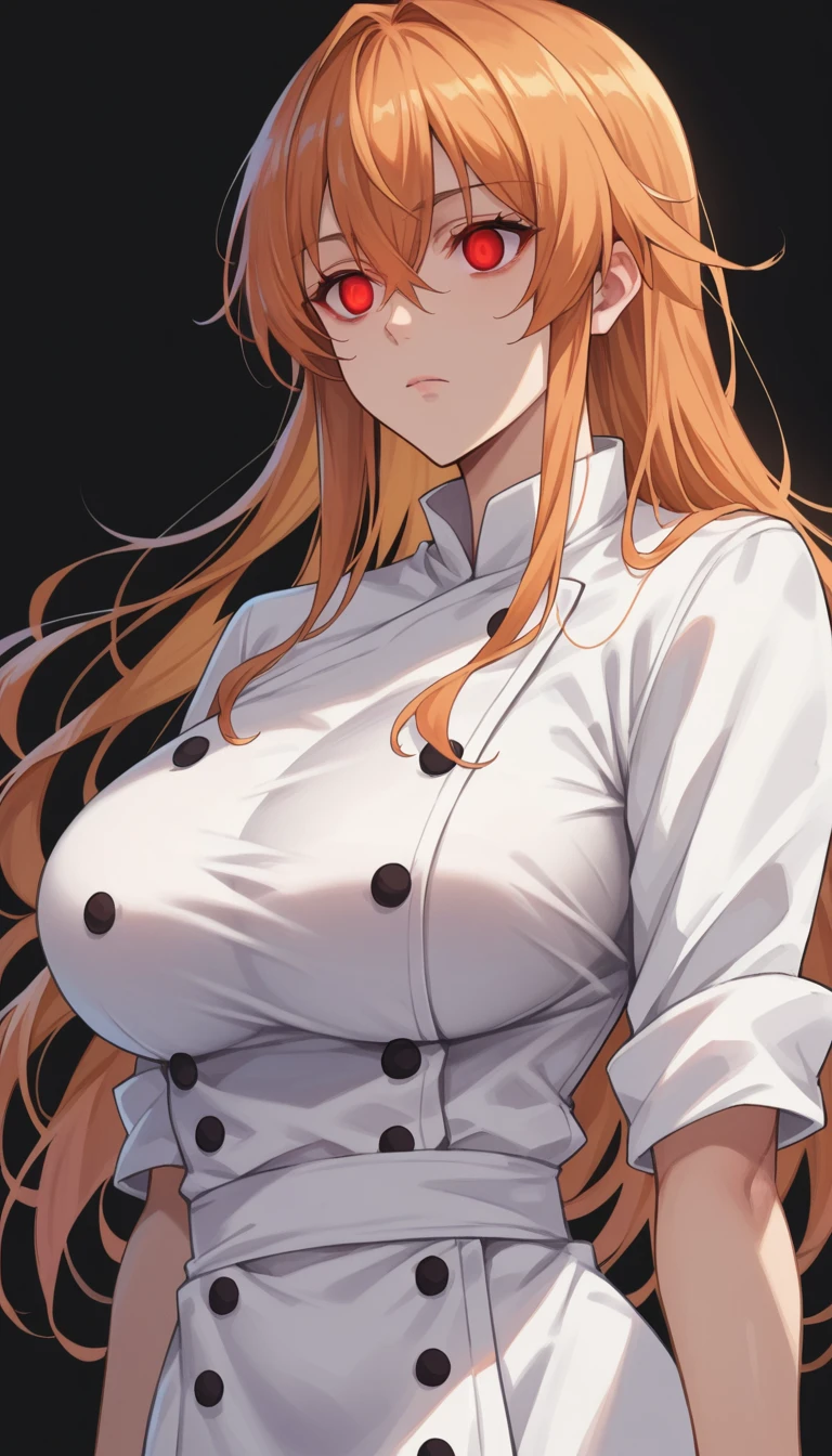 score_9, score_8_up, score_7_up, score_6_up, score_5_up, score_4_up, BREAK source_anime,1girl,erina nakiri, long hair, orange hair, hair between eyes,(Red eyes), glowing eyes,Huge breasts,((empty eyes)),Expressionless,(stand up), ((Black chef uniform)), cowboy shot, black background, simple background,