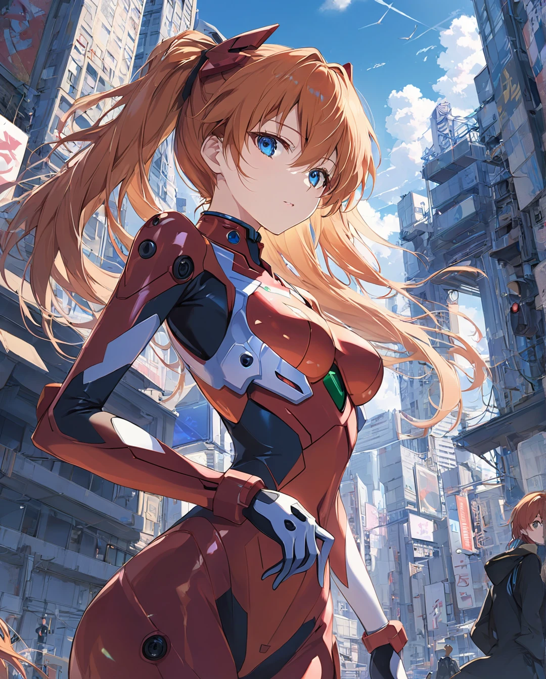 1girl,AIU,asukalangley, asuka langley soryu, blue eyes, hair between eyes, headgear, interface headset, orange hair, BREAK bodysuit, long sleeves, plugsuit, red bodysuit, BREAK outdoors, city, BREAK looking at viewer, BREAK (masterpiece:1.2), best quality, high resolution, unity 8k wallpaper, (illustration:0.8), (beautiful detailed eyes:1.6), extremely detailed face, perfect lighting, extremely detailed CG, (perfect hands, perfect anatomy),