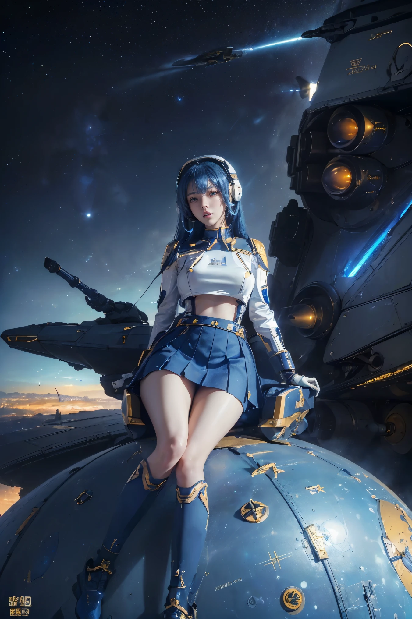 Tabletop, highest quality, 8k、(Golden ratio face、Balanced Eyepread legs,show while panties,(White panties:1.5).Very gentle eyelids)、double eyelid、ponytail、Innocent face、Young Face、Beautiful nose、Embarrassed laugh、Lip gloss 、Very beautiful girl、Beautiful girl solo like a model、 Starfleet Uniformsを着て, Starfleet Uniforms一式、Clear costume design、Blue Hair、Put the headset on your head、Skirt、Android、battleship cockpit,SFworld,Anime World Girl、Futuristic Background、Arafed women in red and white uniforms posing for a photo, Asian women in Star Trek, Wearing a red captain's uniform, futuristic starship crew member, Red Uniform, Portrait Anime Astronaut Girl, in full Starfleet Uniforms, in Starfleet Uniforms, Starfleet Uniforms, Super villain IU Lee Ji-eun, Wearing the RR Diner uniform, Starfleet Uniformss
