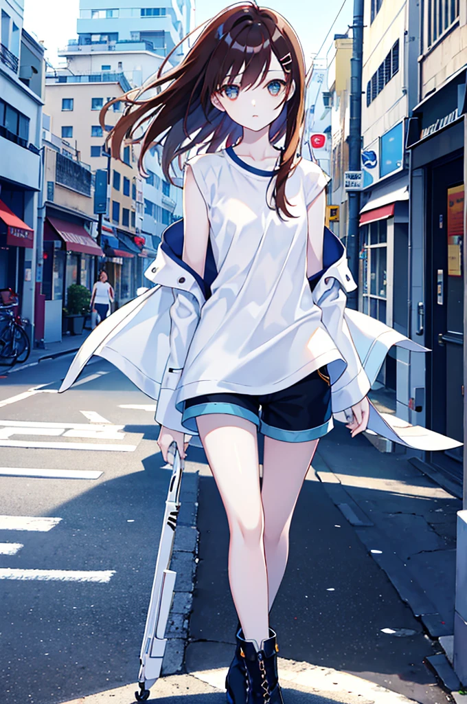 whole body,Cool beautiful girl, Slim Body 、 SOFT WHITE COAT,Sky Blue T-Shirt、 black hotpants,Leather boots、Cool Summer,Slightly pale skin,Bright brown eyes,Red brown hair color(Semi-D), hairpin