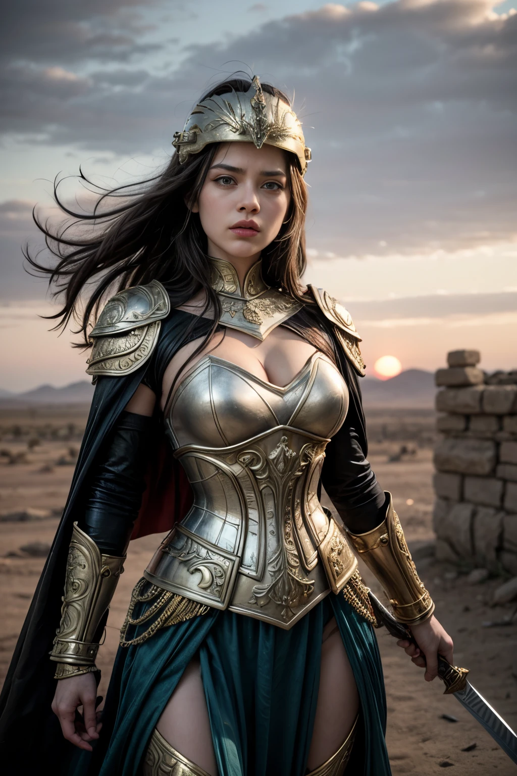 Female spartan warrior wearing intricate full body gold and diomond armored, armour pants, armour long sleeve shirt, with a spartan helmet, she's got one hand holding a beautiful extremely carved shield and she holds up her golden handle sword up in the air as she tells "charge!", dusty, shallow depth of field, cinematic light, soft light (RAW, analogue, Nikon Z 14mm ultra-wide angle lens, award-winning glamour photograph, ((best quality)), ((masterpiece)), ((realistic)), tessellation, ambient occlusion, ray-tracing, subsurface scattering, radiant light rays, high-res, detailed facial features, high detail, sharp focus, smooth, aesthetic, extremely detailed, (extremely detailed eyes, extremely detailed iris), extremely detailed hair, extremely detailed skin, extremely detailed clothes, octane render, photorealistic, realistic, post-processing, max detail, realistic shadows, roughness, natural skin texture, real life, ultra-realistic, photorealism, photography, 8k UHD, photography, hdr, intricate, elegant, highly detailed, sharp focus, stunning, beautiful, gorgeous), 8k, intricate, elegant, highly detailed, majestic, digital photography, (masterpiece, sidelighting, finely detailed beautiful eyes: 1.2), HDR, wide angle camera, full portrait, full body