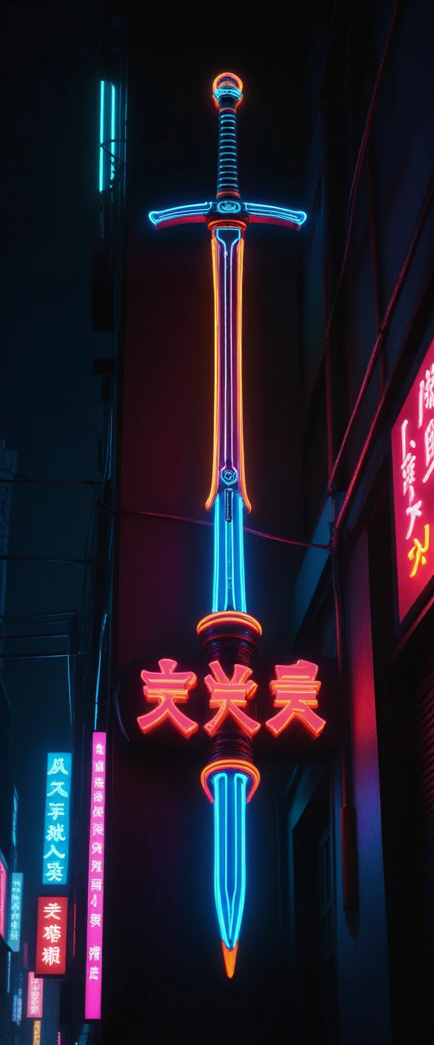 a detailed neon sign, a japanese sword neon sign, neon signage, neon city, neon cyberpunk city, detailed cyberpunk neon city, neon light, neon colors, dark atmosphere, chiaroscuro lighting, dramatic lighting, moody lighting, noir style, cinematic, high contrast, hyperrealistic, 8k, photorealistic, hyper detailed, vibrant colors, glowing neon, digital art, concept art, octane render, artstation quality, award winning