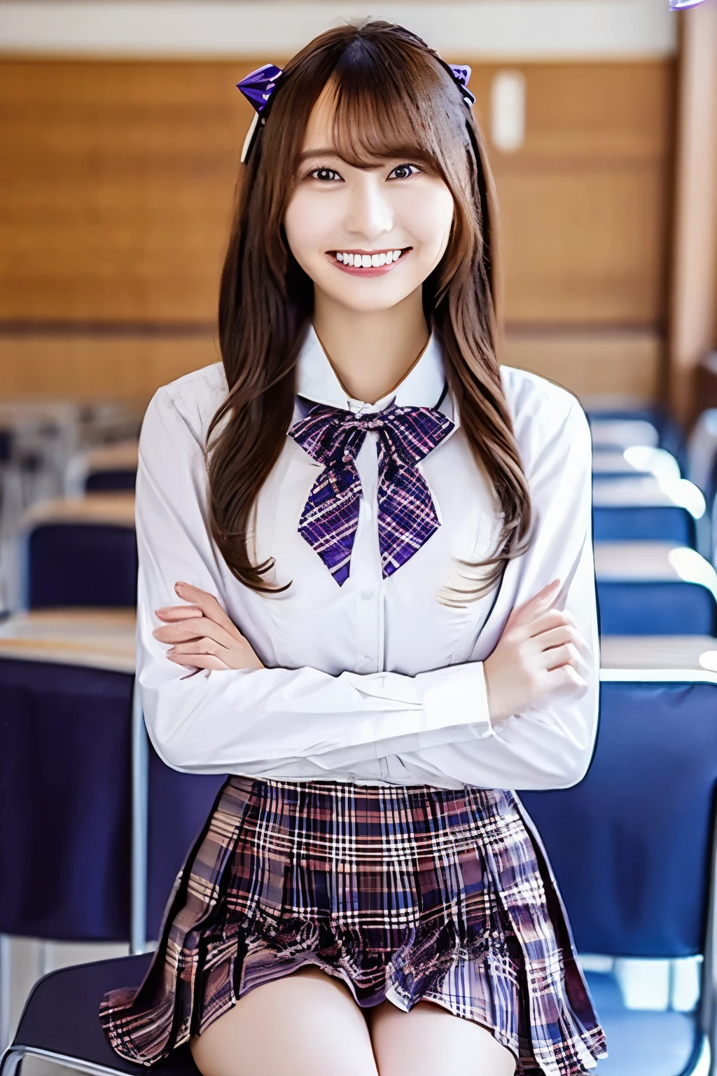 brown hair、With bangs、 and smiles 、Beautiful breasts、 slim body、Crossed Arms、Purple bow tie、WhiteShirt、 plaid pleated mini skirt、Sitting on a chair with legs apart、In a school classroom