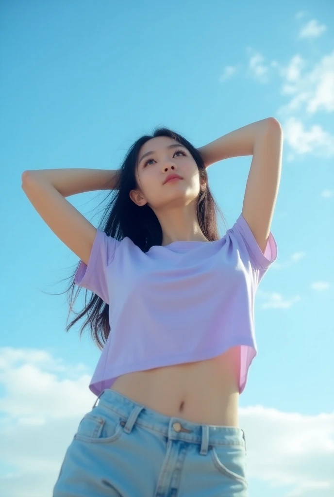 A young cute korean woman with front hair bang and long hair, medium sized body,big bust and boot,wearing a casual shirt, stands outdoors on a sunny day, her arms raised to the sky as she stretches her body. Her eyes are bright and staring the air.The warm sunlight casts a gentle glow, highlighting the subtle curve of her navel and the outline of her underwear beneath the shirt. Clouds drift lazily across the blue sky above,realistic,8k
