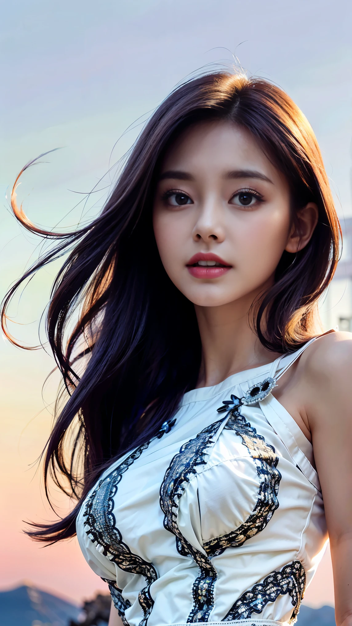 ( 最 high quality,16k, High image quality,masterpiece:1.2), ultra detail ,Realistic:1.37, galaxy background ,Shining Star,Mysterious atmosphere, bright color,Grace,Mysterious,Celestial Bodies,moonlight,reflection, cosmic energy ,Distant galaxies, Dazzling Beauty ,Star's Sparkle,Celestial Bodiesemissary,Stardust,Magical Garden,Starry Night,sheerGrace,star silhouette , Seamless Blend ,Interstellar travel,natural beauty,Sparkle, Floating Petals ,Celestial Bodiesgoddess, Fashion Statement , High image quality,最 high quality, High image qualityモデル, high quality, very detailed, 超High image quality, wrinkled skin , Cinematic Lighting Effects , Realism, portrait photography,Detailed shooting ,masterpiece,Graceful attitude, charming smile , Hair Fluttering in the Wind ,8-Head Beautiful Girl,Rich colors,The right gaze, Has a beautiful left and right eye size and balance, Beautifully balanced eyes ,Correct and beautiful gaze,kind expression, long swaying hair , Gradient from Red Hair to Blonde , Long Hair Fluttering Like Wind ,(Slightly small face),(( Big boobs in the temple )),( very beautiful bust shape ),((Ample Bust)), Beautiful breasts ,((( thin waist))), very beautiful butt , Anatomically Accurate Arms and Legs , Anatomically Accurate Fingers and Toes , small eyes,Slightly upturned eyes, Attractive Platinum Lace Embroidered Dress ,(( Fine Stitched Dress )),(Dress woven with colorful yarn ),(( Sheer Dress )),(( Tracey Dress )), charming smile ,(( Sea Art Infinity ))