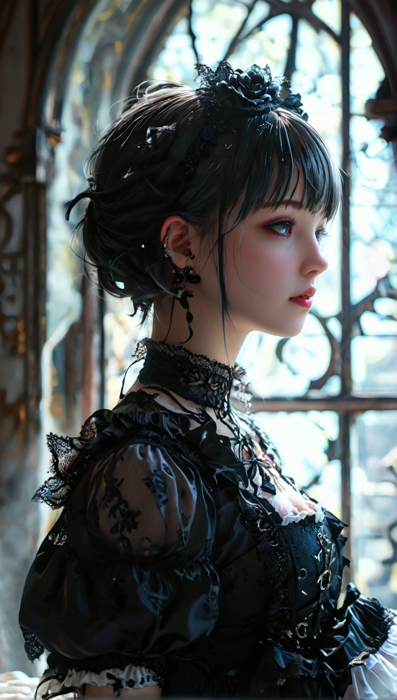 a woman in black victorian dress,robes,skull trinkets,dark roses, green topaz eyes, various fashionable hairstyle, makeup:0.4, (earing,neckleace), princess thing, snow forest background, snowfall, delicate eyes, large-breasted, cinematic lighting, ultra hi-res photograph, (masterpiece,top quality,realistic),
