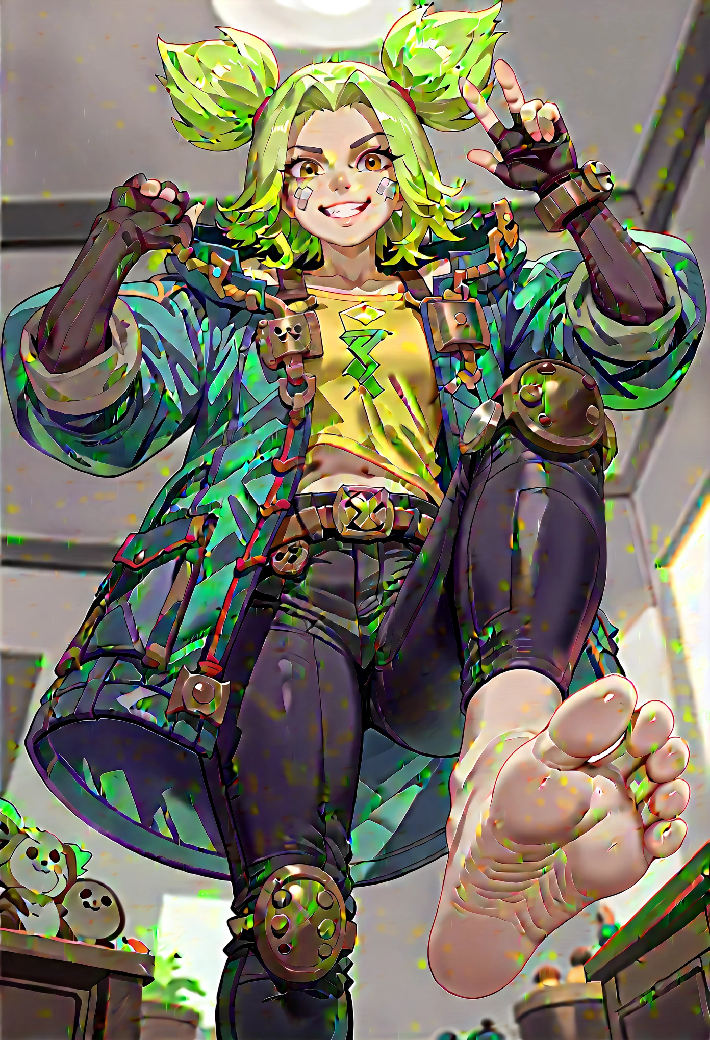 masterpiece, best quality, ZeriLoLXL, brown eyes, green hair, twintails, sidelocks, freckles, bandaid on face, medium breasts, blue jacket, open jacket, yellow midriff, gloves, fingerless gloves, black pants, belt, knee pads, smile, barefoot, footstomp, soles, toes, foreshortening, view from below, indoors