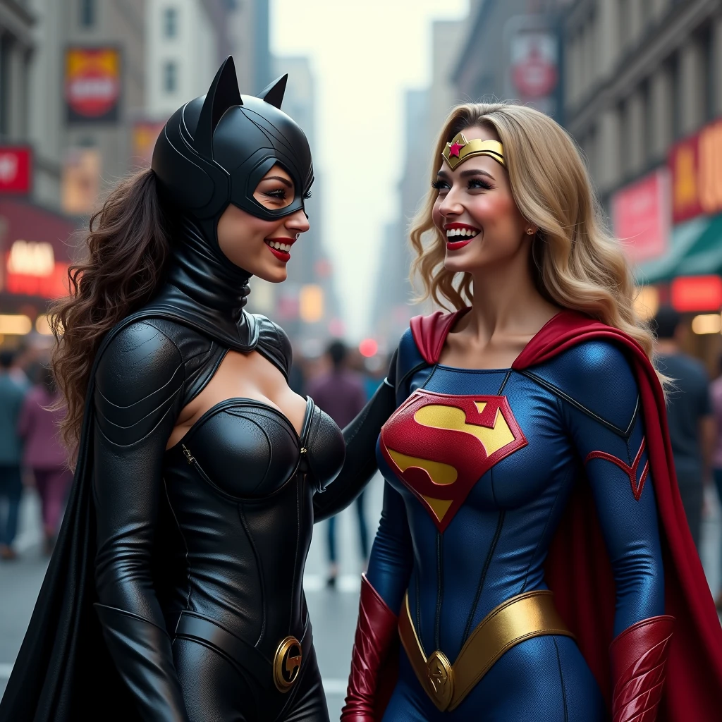 (photorealism:1.2), score_9, score_8_up, score_7_up, score_6_up, 2girls, Supergirl and Batgirl, sitting together, wearing skimpy revealing versions of their costumes, smiling seductively, city rooftop, night, cinematic lighting.