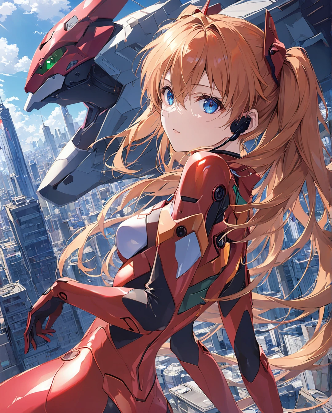 1girl,AIU,asukalangley,asuka langley soryu,blue eyes,hair between eyes,headgear,interface headset,orange hair,BREAK bodysuit,long sleeves,plugsuit,red bodysuit,BREAK outdoors,city,BREAK looking at viewer,BREAK(masterpiece:1.2),best quality,high resolution,unity 8k wallpaper,(illustration:0.8),(beautiful detailed eyes:1.6),extremely detailed face,perfect lighting, extremely detailed CG,(perfect hands, perfect anatomy)