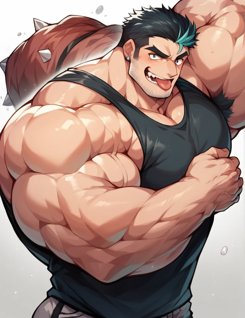 a very handsome man bully, muscular, massively large biceps, exaggeratedly huge biceps, Exaggeratedly huge muscles, massively large muscles, wearing a black shirt, tongue out