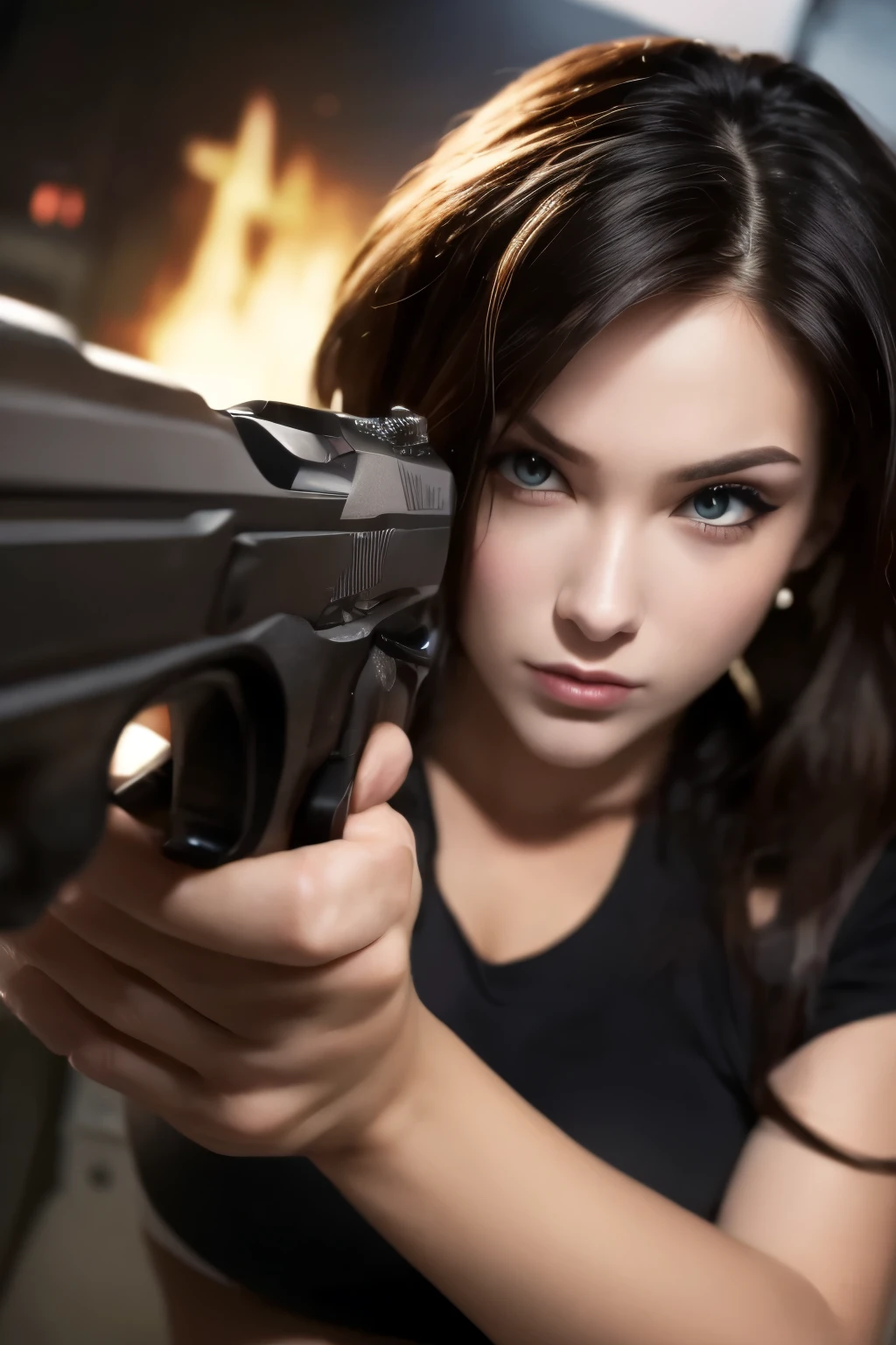 A hot Young girl holding gun. Pistol, detailed, best quality, 4K