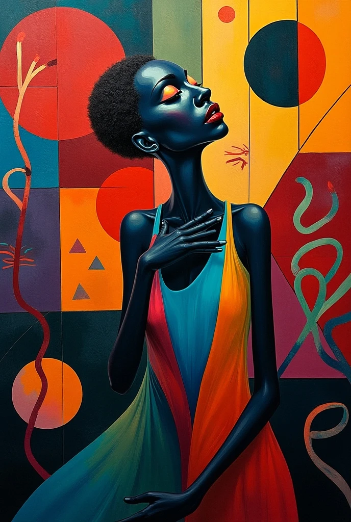 Side angle shot of black woman sitting model pose in a room full of abstract shapes of circles, triangles and squares, with a red sphere in the background, black and white picture with only the red sphere in colour, ultra HD, cinematic lighting, 32k