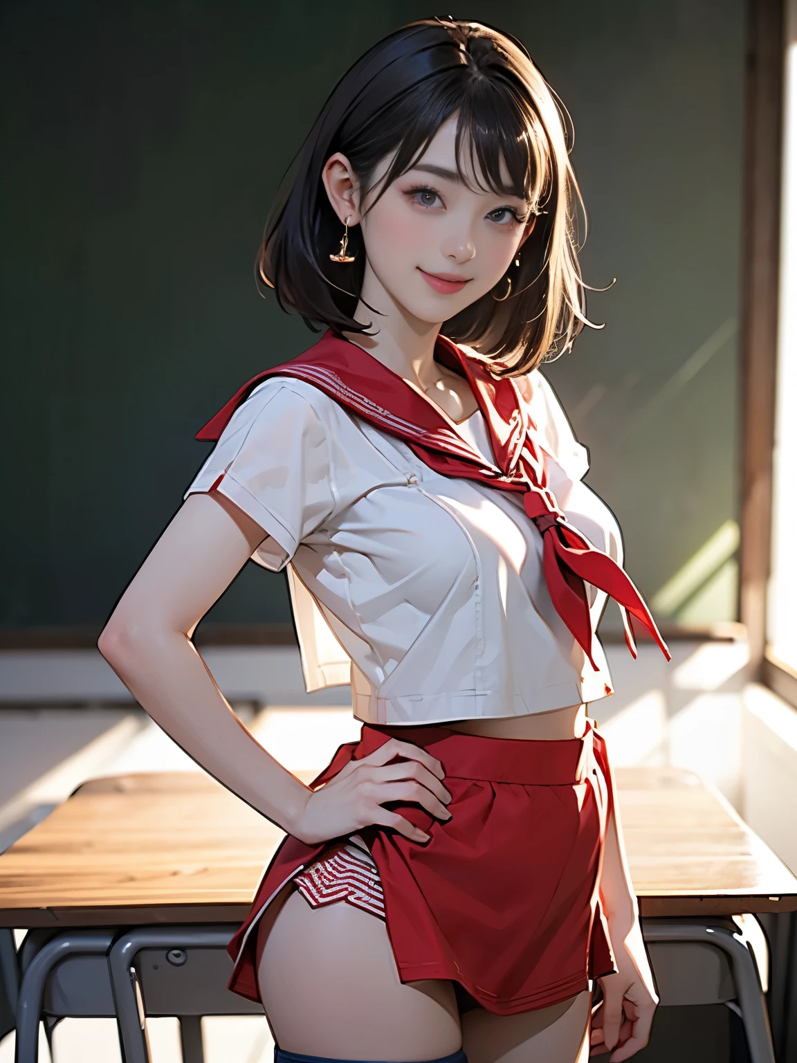 ((((highest quality))))、(((Ultra-precision CG16K wallpaper)))、(((masterpiece)))、(((Super detailed)))、(((Extreme detail)))、((1Mature 29 year old woman:1.6))、((Very beautiful Japanese faces))、((Zuo々Nozomi:1.5))、((Straight short bob hair、blunt bangs:1.5))、(Shiny brown hair)、Beautiful delicate eyes、Brown Eyes、eyeliner、Eyeshadow、High nose、Small nostrils、Small Mouth、Seductive lips、Beautiful breasts、((C cup size breasts))、Cleavage、Beautiful feet、eight-headed body、Perfect proportions、Perfect Anatomy、Perfect composition、Beautiful detailed shading、Beautiful, natural lighting、Beautiful detail glow、Depth of written boundary、(((High chroma)))、(((Real:1.9)))、((vivid:1.5))、((Beautiful Skin))、((Skin Texture))、((Realな皮膚感))、(((Cowboy Shot:1.6)))、((Front view、shoot from front、Front low angle:1.6))、(((smile:1.6)))、((The woman is looking at this、looking at viewer、Facing forward:1.6))、Bright daylight、Natural light、(((Bedroom、Foliage plant:1.4)))、(Walking Pose:1.6)、(((High school girl wearing sailor uniform、Red pleated mini skirt:1.6)))、((hair band、Wearing earrings:1.5))、((Knee-high socks:1.3))、