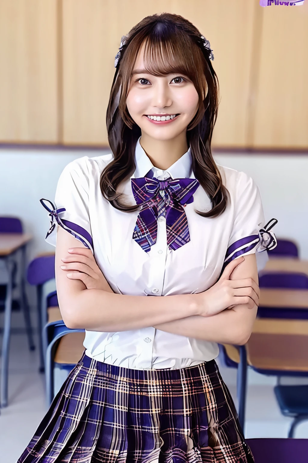  brown hair、With bangs、 and smiles 、Beautiful breasts、スリムな体Crossed Arms、Purple bow tie、WhiteShirt、 plaid pleated mini skirt、Sitting on a chair with legs apart、In a school classroom