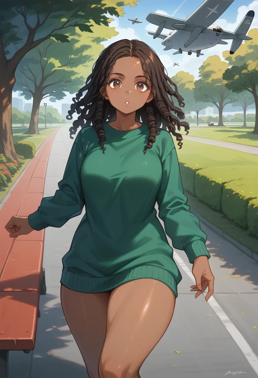 (( best quality )), (( highly detailed )), masterpiece, , (1 ),  dynamic pose , cowboy shot, (((  very wide plane  ))), (( Dark skin, mulher de Dark skin, ebony)):1.2,  Dark Brown Hair , dreadlocks, ( very curly hair ),  long hair,  brown eyes, wearing only a dark green sweater, exposed thighs,  thick thighs ,(outside, in a park, trees, path, park bench, afternoon)
