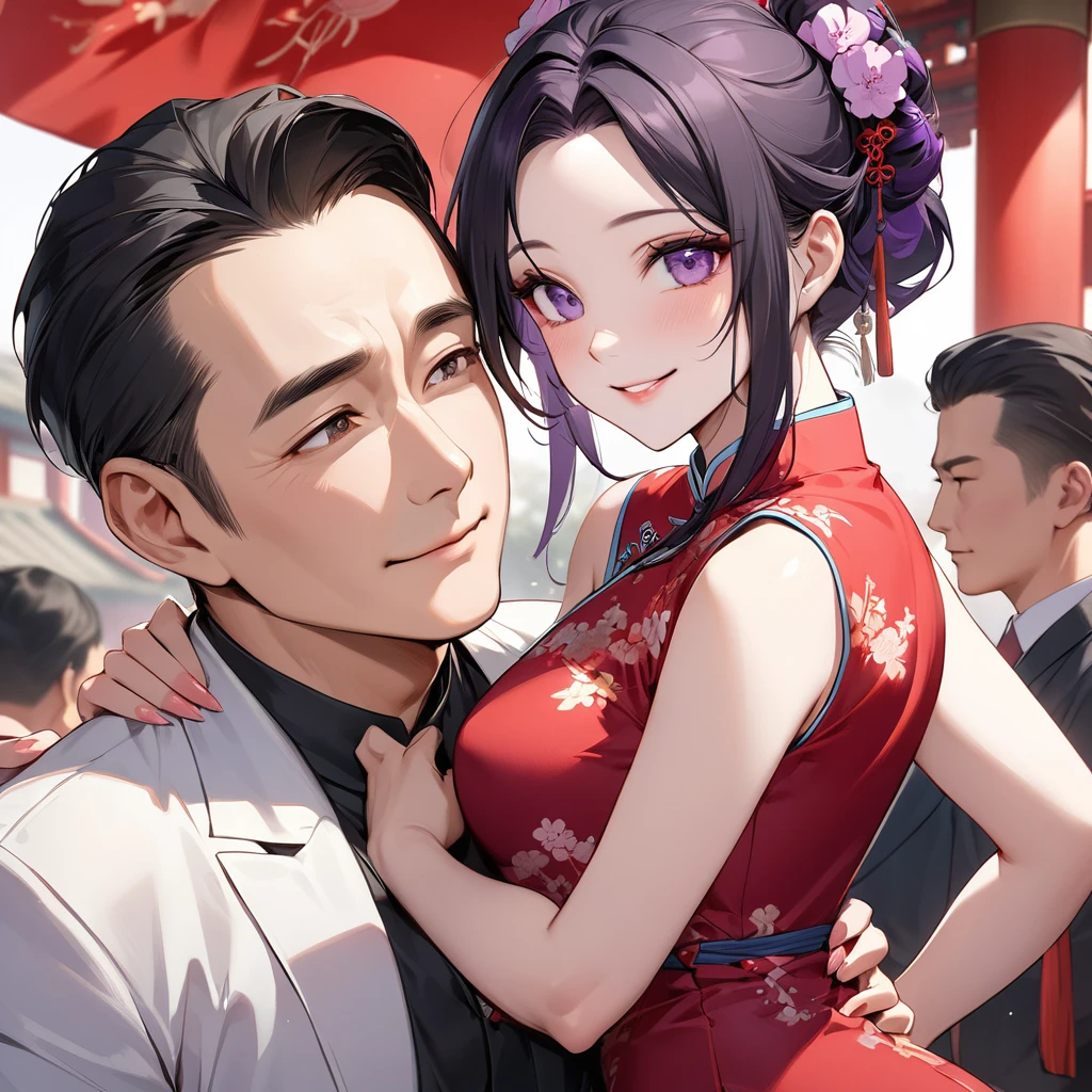 The woman who is a member of the Chinese Communist Party physically and mentally has beautiful black hair with purple gradation color Kocho Shinobu, wears a gorgeous and attractive Chinese dress of a Chinese Communist Party member, pledges absolute loyalty and love to a great Chinese Communist Party executive man, and supports and loves her husband in public and private as a wife、((Best Quality)), ((masterpiece)), ( Details), （ perfect face）,The woman is Kocho Shinobu with outstanding proportions and is finished as a Chinese woman in a Chinese mansion 、The woman is smiling gently