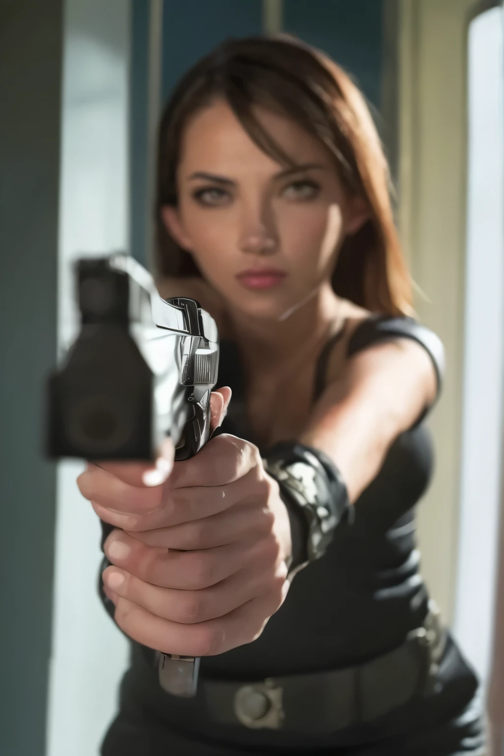 A hot Young girl holding gun. Pistol, detailed, best quality, 4K